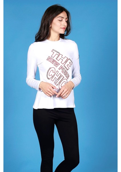 Kadın Kırmızı Nakışlı - Chic Kollu Beyaz T-Shirt fırsatları