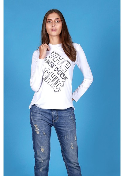 Kadın Mavi Nakışlı - Chic Kollu Beyaz T-Shirt