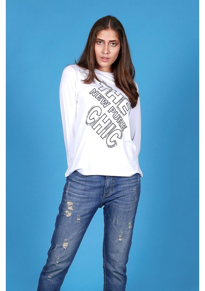 Kadın Mavi Nakışlı - Chic Kollu Beyaz T-Shirt fiyatları