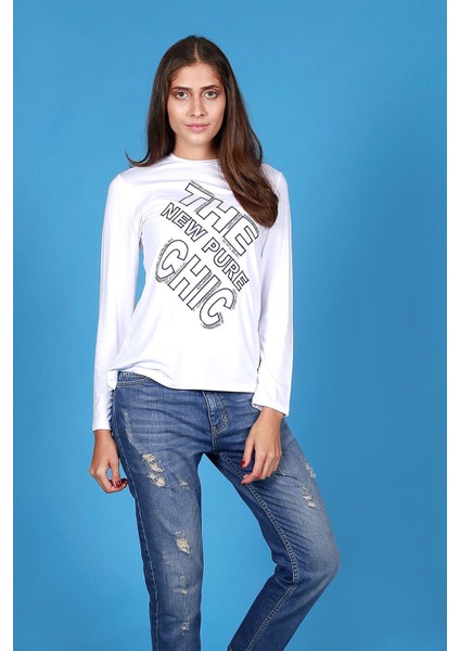 Kadın Mavi Nakışlı - Chic Kollu Beyaz T-Shirt modelleri