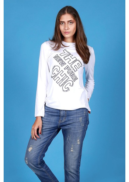 Kadın Mavi Nakışlı - Chic Kollu Beyaz T-Shirt fırsatları
