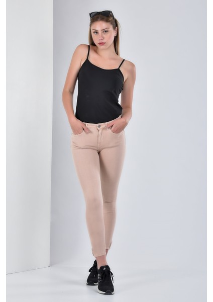 Kadın Miss Ultra Likra Paça Fermuarlı Mom Gabardin Pantolon - Pudra fiyatları