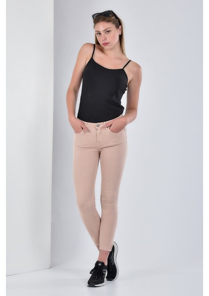 Kadın Miss Ultra Likra Paça Fermuarlı Mom Gabardin Pantolon - Pudra modelleri