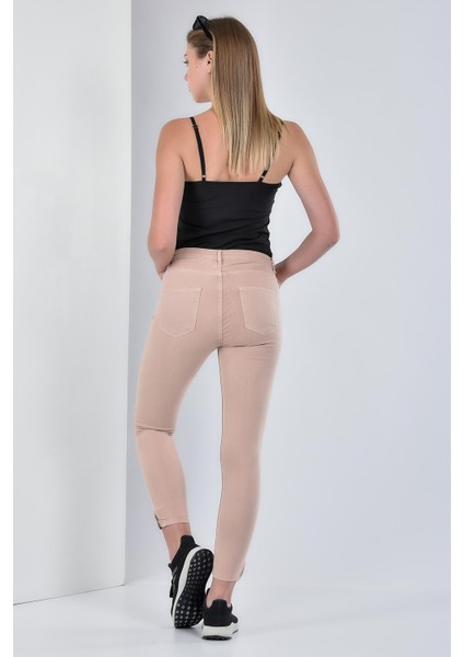 Kadın Miss Ultra Likra Paça Fermuarlı Mom Gabardin Pantolon - Pudra fırsatları