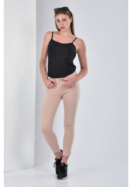 Kadın Miss Ultra Likra Paça Fermuarlı Mom Gabardin Pantolon - Pudra indirimleri