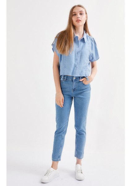 Kadın Mom Ultra Likra Jean Pantolon Wth Gold - Açık Mavi