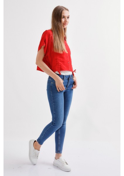 Kadın Skinny Ultra Likra Jean Pantolon Wth Gold - Koyu Mavi