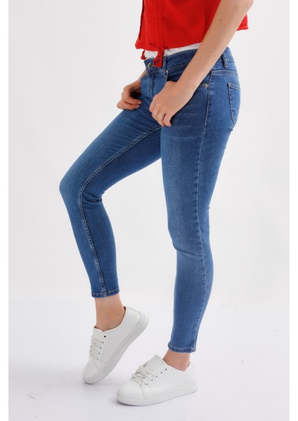 Kadın Skinny Ultra Likra Jean Pantolon Wth Gold - Koyu Mavi