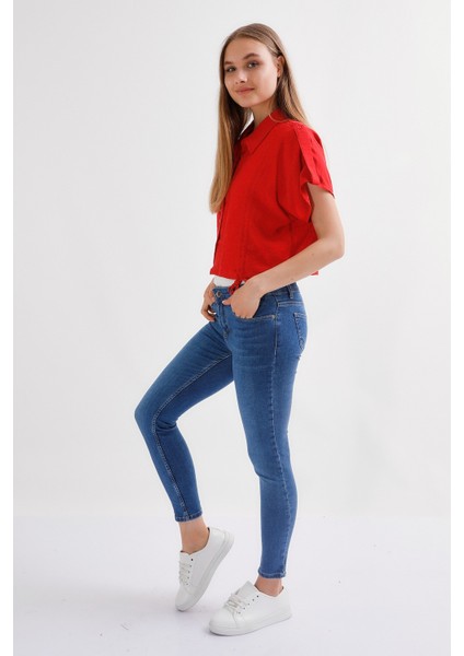 Kadın Skinny Ultra Likra Jean Pantolon Wth Gold - Koyu Mavi