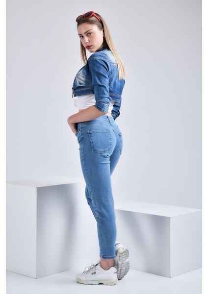 Kadın Wembley Mom Ultra Likra Jean Pantolon Wth Gold - Açık Mavi fırsatları