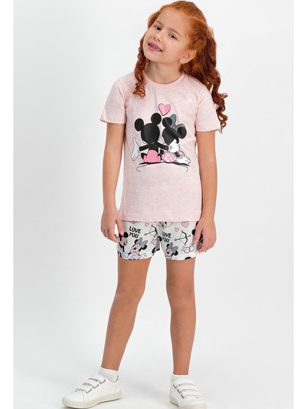 Mickey Mouse Lisanslı Somon Kız Çocuk Şort Takım