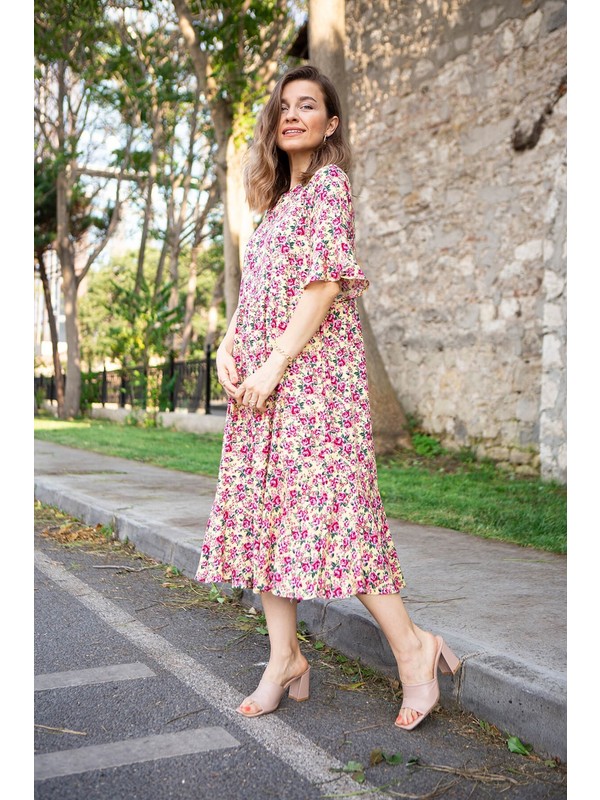 10934 Kollari Volanli Sari Elbise