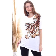 Miss Lusi 20061959 Süprem Taşlı Kaplan Baskılı T-Shirt Beyaz