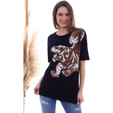 Miss Lusi 20061959 Süprem Taşlı Kaplan Baskılı T-Shirt Siyah