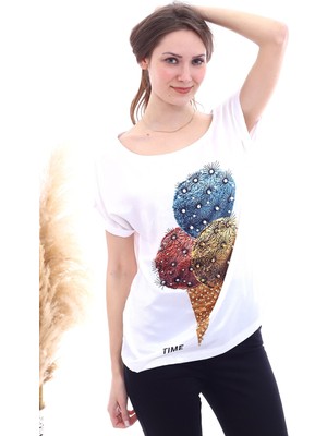 Miss Lusi 20061957 Süprem Dondurma Baskılı Incili T-Shirt Beyaz