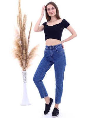 Miss Lusi 20063392 Kot Mom Frient Nervürlü Mavi Kot Pantolon Kmav