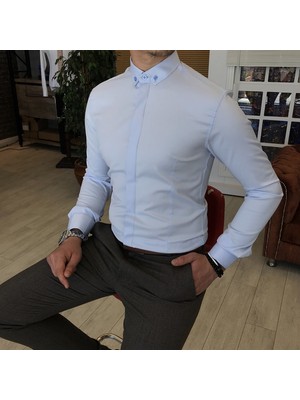 Terzi Adem Italyan Kesim Slim Fit Erkek Küçük Yaka Gömlek Buz Mavisi T4799