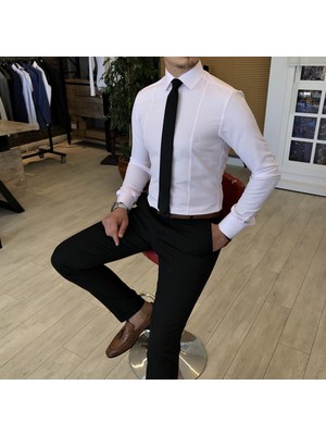 Terzi Adem Italyan Stil Slim Fit Armürlü Kravat Yaka Gömlek Beyaz T4770
