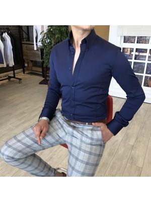 Terzi Adem Italyan Stil Slim Fit Dik Yaka Saten Erkek Gömlek Lacivert T4741