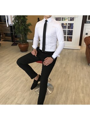 Terzi Adem Italyan Stil Slim Fit Erkek Kravat Yaka Gömlek Beyaz T4775