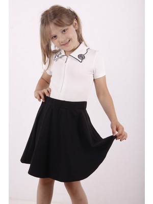 Toontoy Kız Çocuk Yakası Kedi Nakışlı Fermuarlı T-Shirt