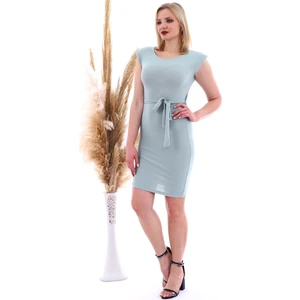 Miss Lusi 20070783 Örme Krep Beli Kuşaklı Omuzu Vatkalı Elbise Çağla Yeşil