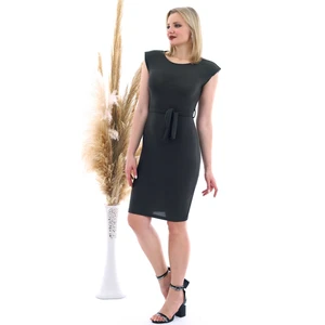Miss Lusi 20070783 Örme Krep Beli Kuşaklı Omuzu Vatkalı Elbise Hakı