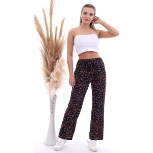 Cotton Mood 20070786 Örme Krep Beli Lastikli Bol Paça Pantolon Siyah Çıçekler