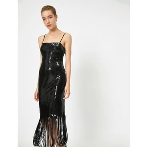 Kadın Pullu Elbise Abiye Püsküllü  İnce Askılı