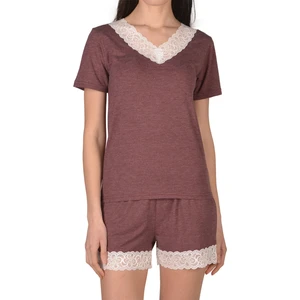 Bordo Kadın Şortlu Pijama Takımı Kısa Kollu Dantelli Cepli Pamuk