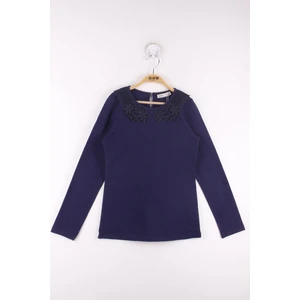 Kız Çocuk Yakası Güpürlü Tişört Lacivert 10 Yaş