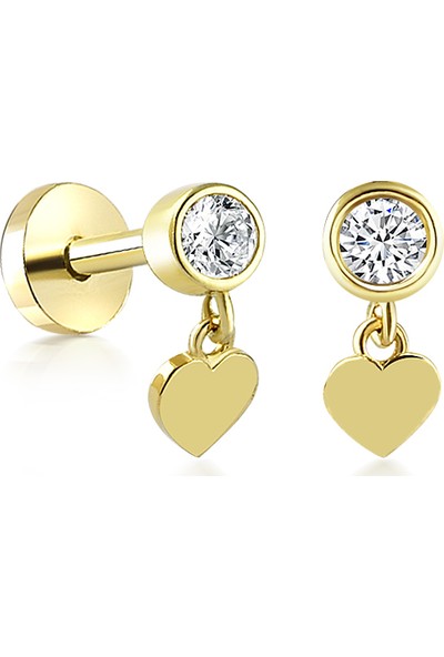 Yapar Jewellery 14 Ayar Altın Kalp Sallantılı Tek Taş Kulak Piercing