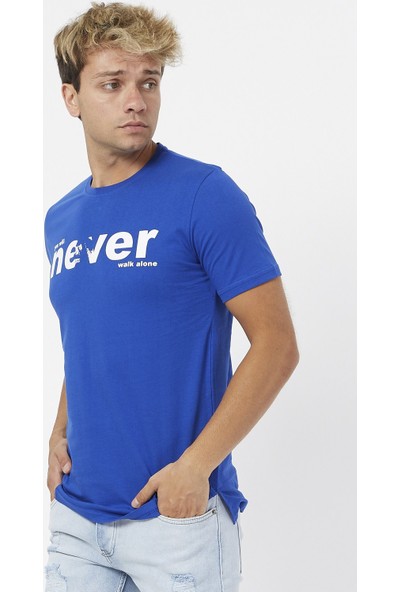 Denim Republic Mavi Erkek Never Yazılı T-Shirt