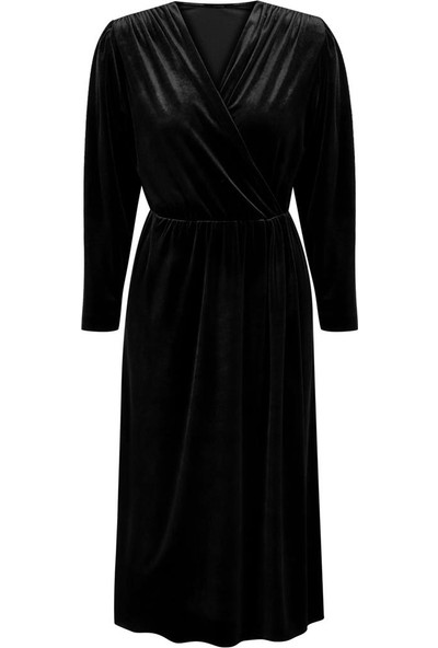 Gusto Anvelop Kesim Önü Büzgülü Uzun Kadife Elbise - Siyah