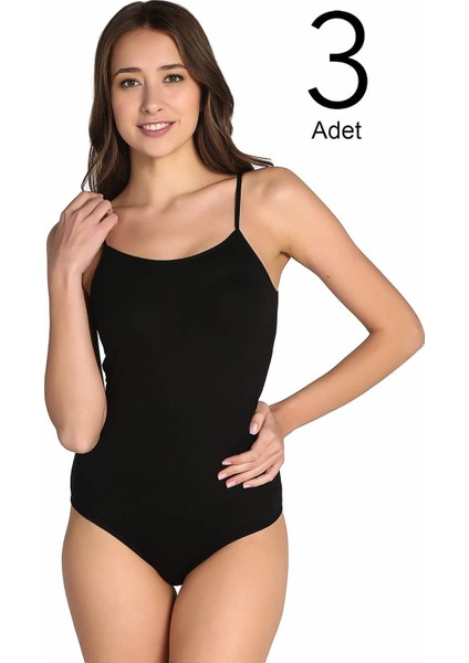 Kadın Siyah 3'lü Paket İp Askılı Likralı Kancalı Çıtçıtlı Body