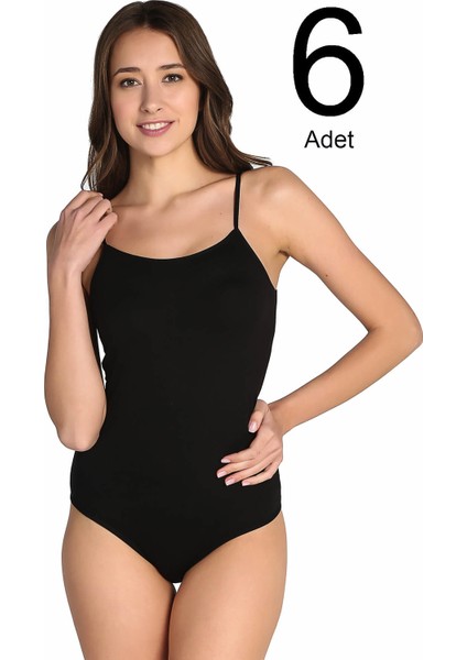 Kadın Siyah 6'lı Paket İp Askılı Likralı Kancalı Çıtçıtlı Body