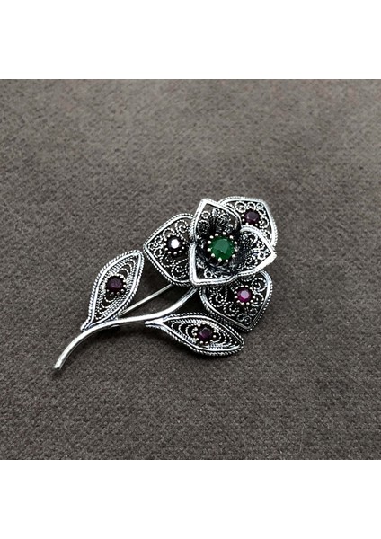 Çiçek Model 925 Ayar Gümüş Oksitli Telkari Broş fiyatları