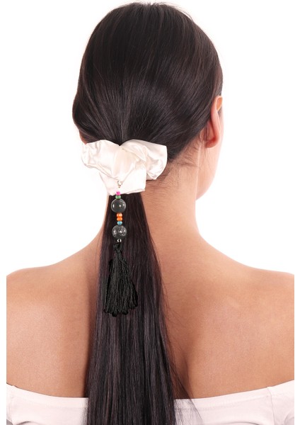 Hahai Kadın Boncuklu Püskül Detaylı Scrunchie Toka