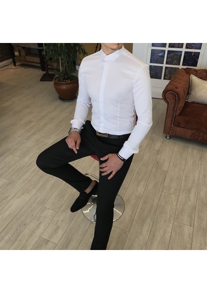 Italyan Kesim Slim Fit Erkek Küçük Yaka Gömlek Beyaz T4800 fiyatları