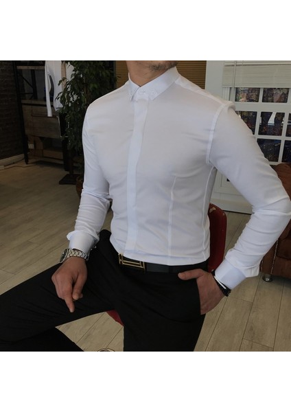 Italyan Kesim Slim Fit Erkek Küçük Yaka Gömlek Beyaz T4800 modelleri