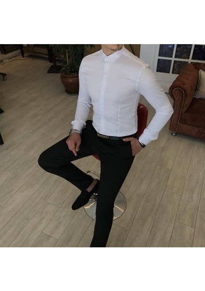 Italyan Kesim Slim Fit Erkek Küçük Yaka Gömlek Beyaz T4800 fırsatları
