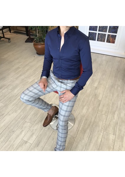 Italyan Stil Slim Fit Dik Yaka Saten Erkek Gömlek Lacivert T4741