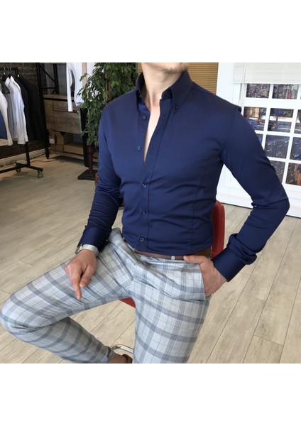 Italyan Stil Slim Fit Dik Yaka Saten Erkek Gömlek Lacivert T4741 fiyatları