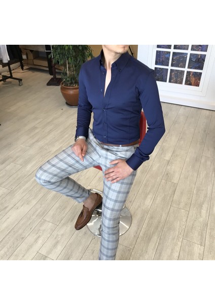 Italyan Stil Slim Fit Dik Yaka Saten Erkek Gömlek Lacivert T4741 modelleri