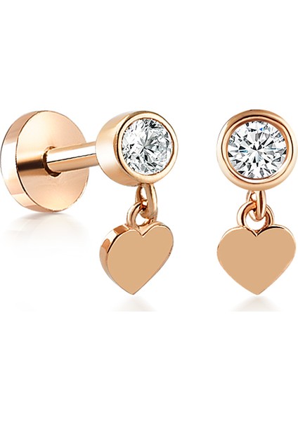Yapar Jewellery 14 Ayar Altın Kalp Sallantılı Tek Taş Kulak Piercing