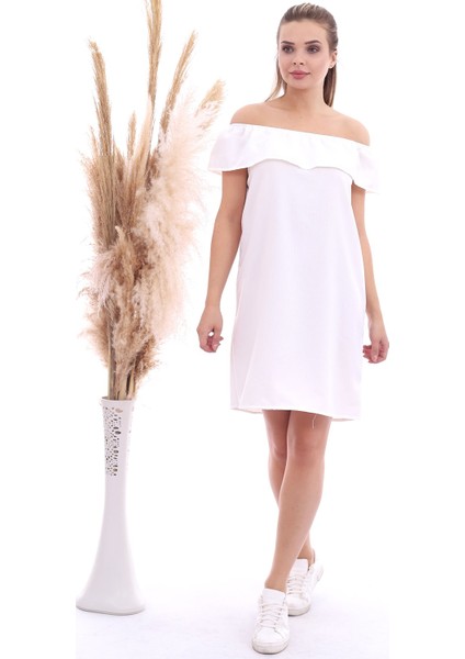 20070787 Dok.keten Madonna Yaka Elbise Ekru