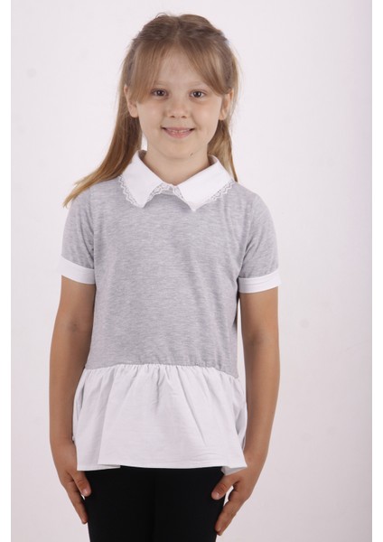 Kız Çocuk Gömlek Yaka Dantel Detaylı T-Shirt