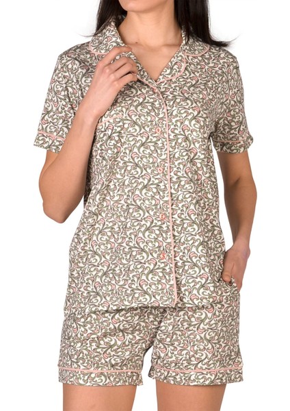 Vizon Kadın Şortlu Pijama Takımı Kısa Kollu Düğmeli Cepli Pamuk