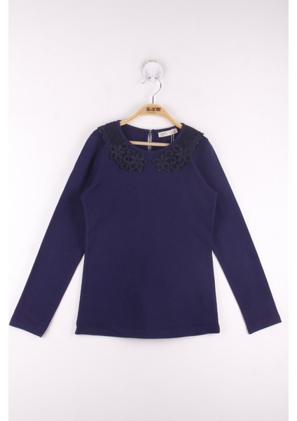 Kız Çocuk Yakası Güpürlü Tişört Lacivert 10 Yaş