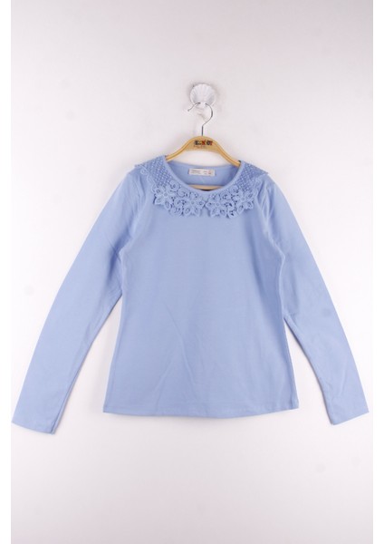 Kız Çocuk Yakası Güpürlü Tişört Mavi 11 Yaş